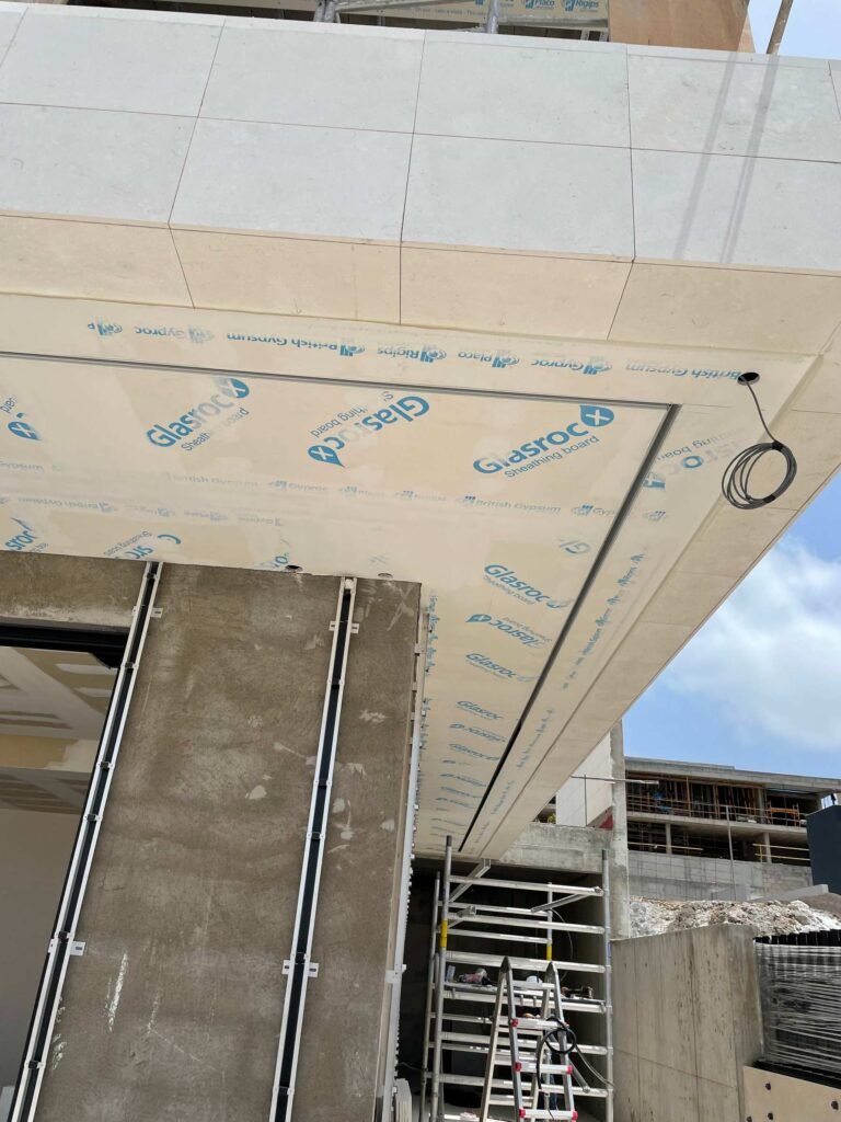 Falso techo de resistente para exterior, en glasroc